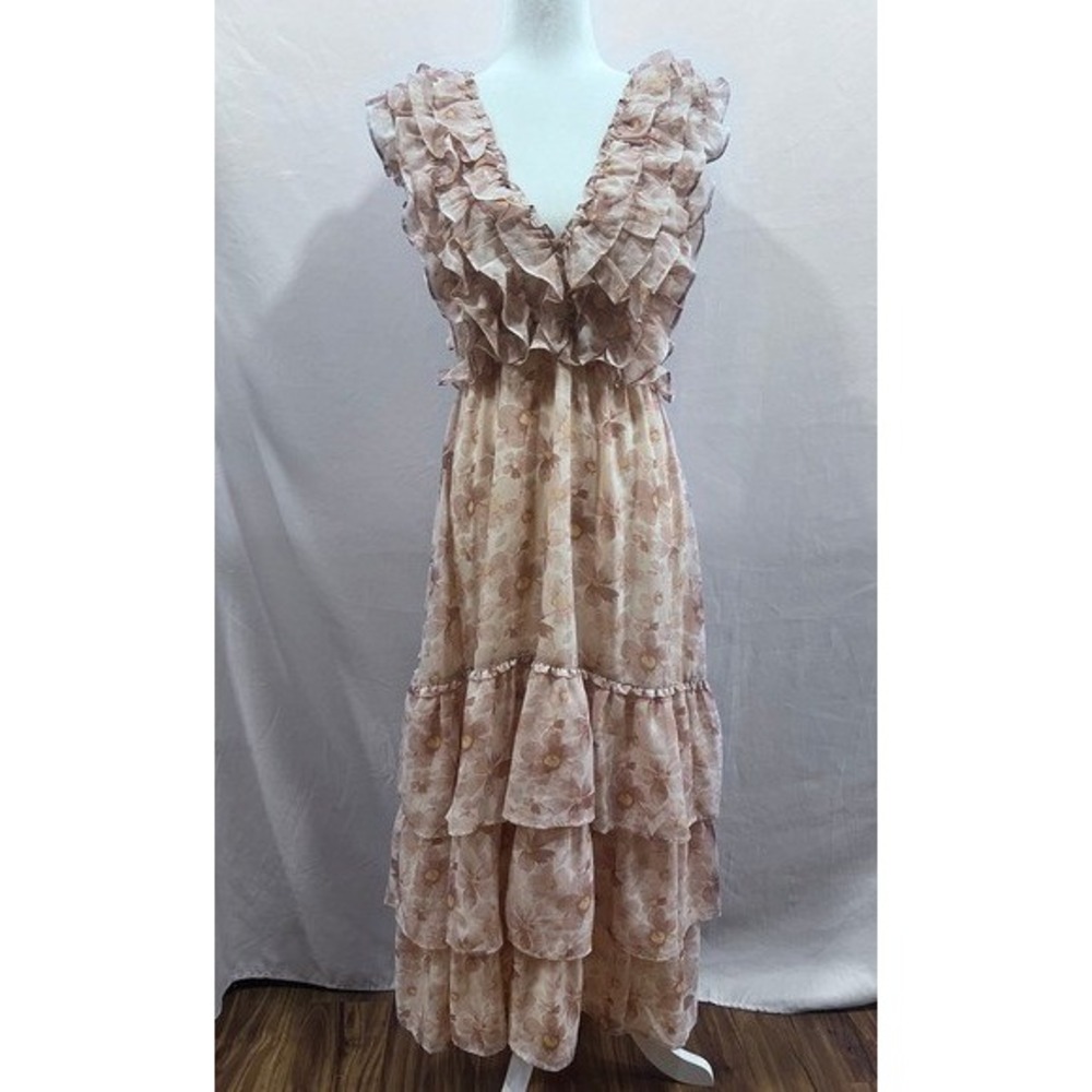 STORIA Floral Ruffle Romantic Tiered Boho Maxi Dress Open Back Cream L Coquette